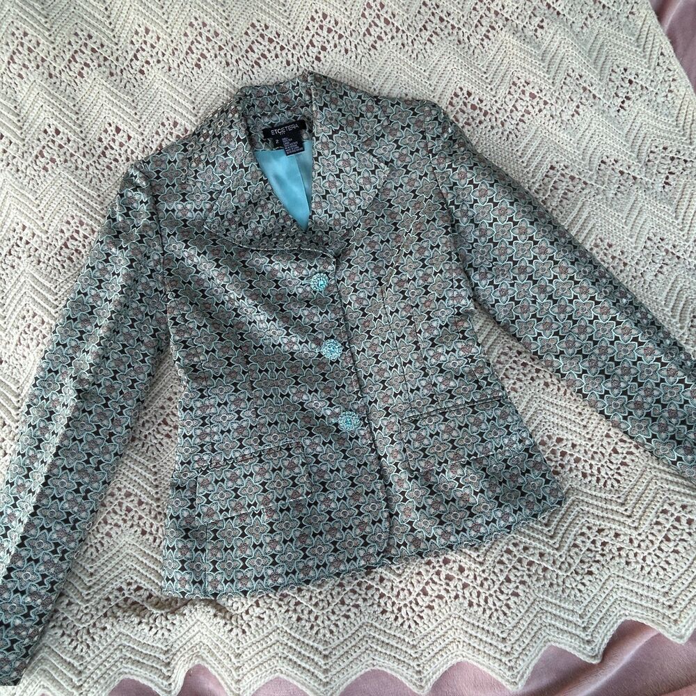 Vintage Etcetera Silk Blazer Jewels Geometric Print 2 XS Career Work Business